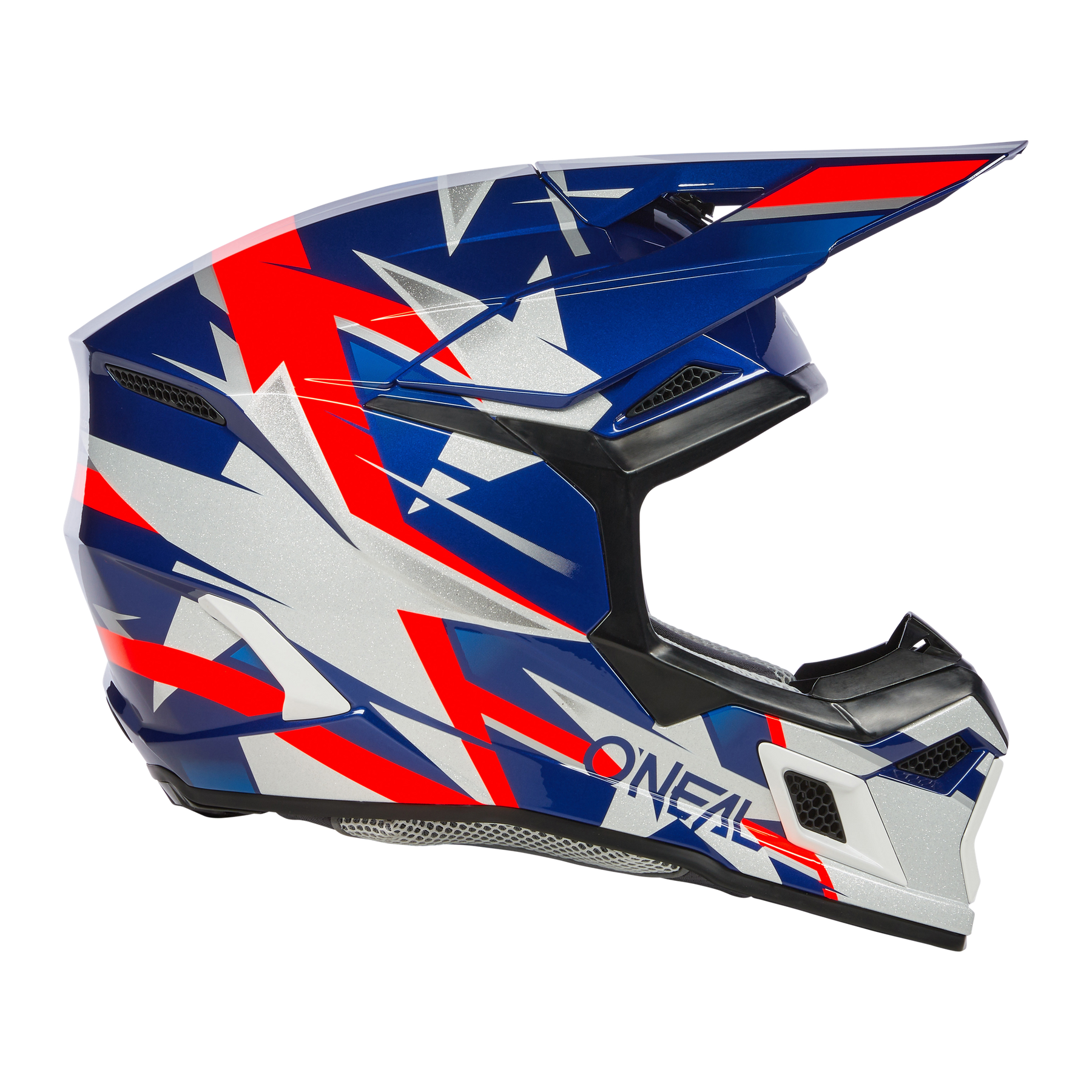 Der O'NEAL 3SRS Helm RIDE ist ein Vollvisierhelm mit auffälligen blauen, roten, weißen und silbernen geometrischen Grafiken und dem "O'NEAL"-Logo an der Seite - ideal für Motocross-Fahrer, die Wert auf Stil und Schutz legen.