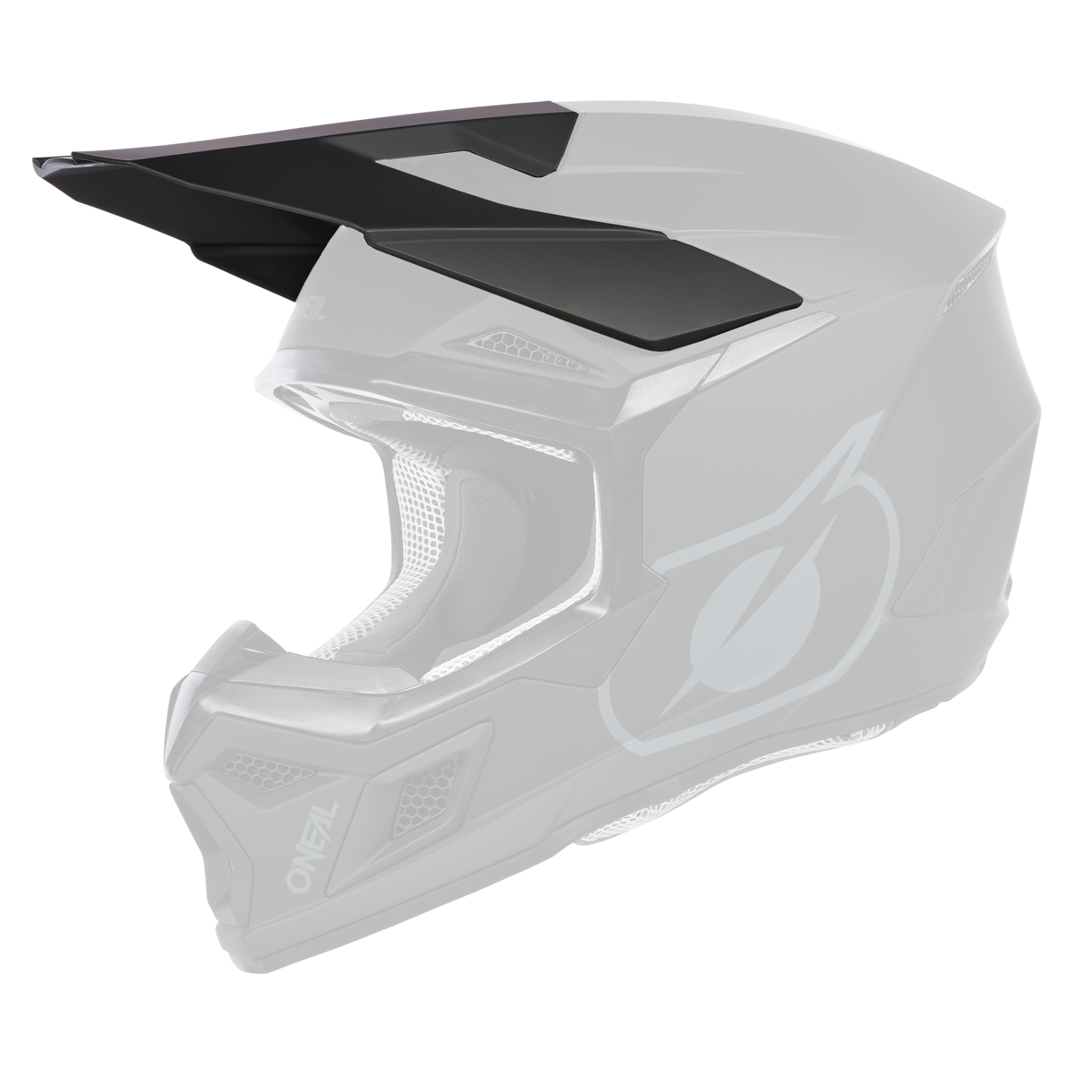 Der O'NEAL Visor 3SRS Helmet SOLID ist ein mattschwarzer Vollvisier-Motocrosshelm mit grauen Akzenten, Belüftungsöffnungen und Visieren. Das O'NEAL-Logo erscheint an der Seite und im Kinnbereich.