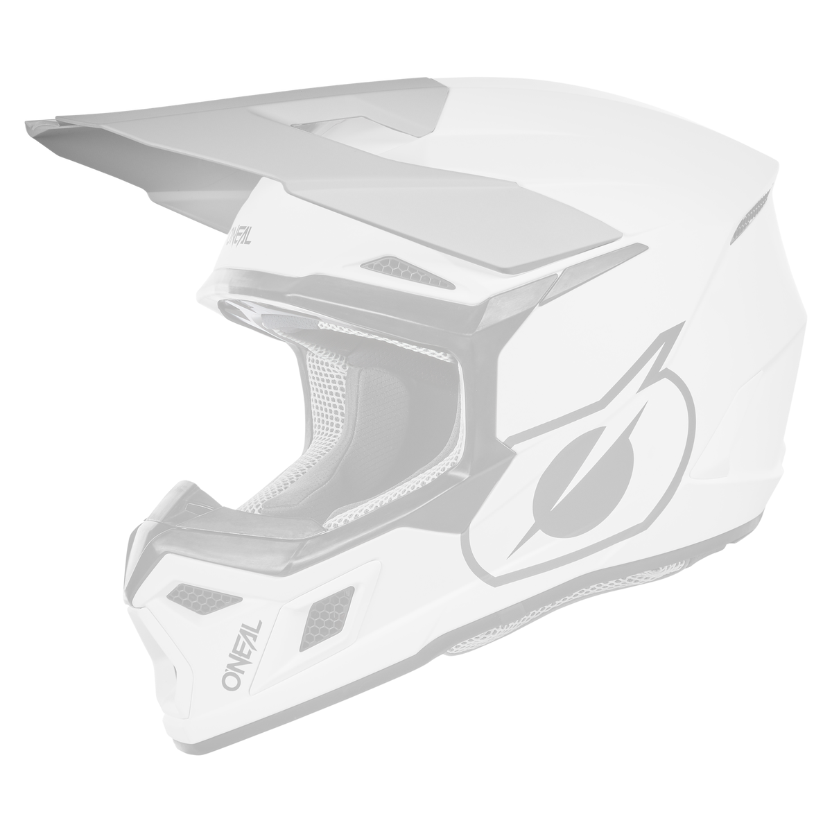 Der O'NEAL Visor 3SRS Helmet SOLID ist ein weißer Motocross-Helm mit schwarzen Akzenten, einem großen Visier, mehreren Belüftungsöffnungen und dem O'NEAL-Logo an der Seite.