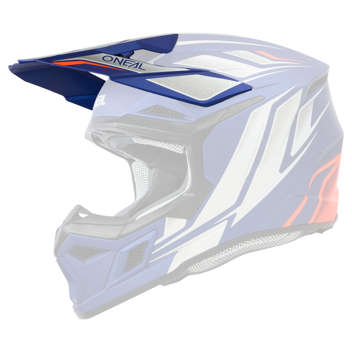 Der O'NEAL Visor 3SRS Helmet VERTICAL ist ein blau-weiß-orangefarbener Motocross-Helm mit eckigem Visier, schwarzer Zierleiste, Belüftungsbereichen und "O'NEAL"-Schriftzug auf dem Visier, dargestellt in der Seitenansicht.