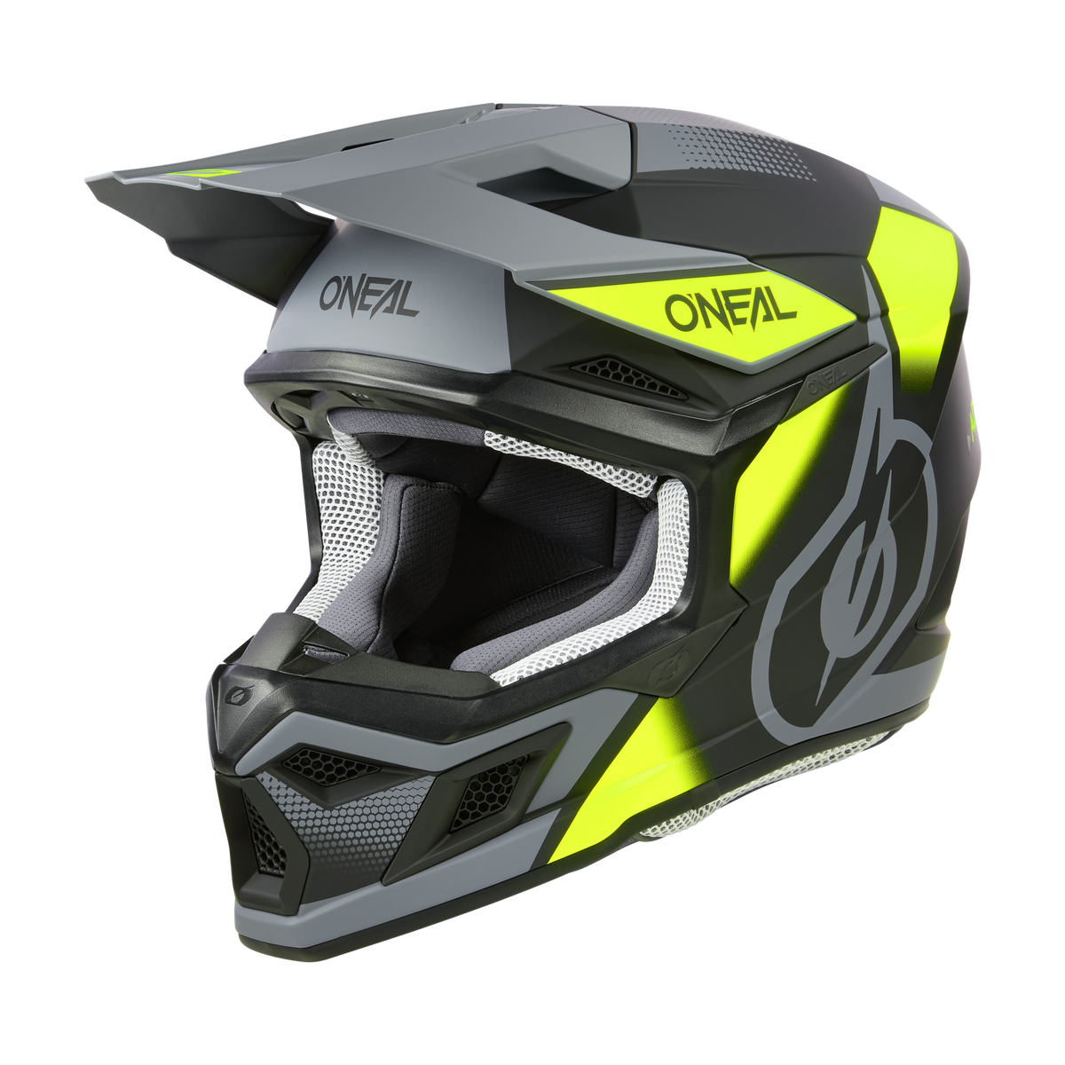 Der O'NEAL 3SRS Helm VISION ist ein moderner Motocross-Helm in Grau mit neongelben und schwarzen Akzenten. Er verfügt über ein Visier, einen Kinnschutz, Netzbelüftungsöffnungen und das O'NEAL-Logo auf der Front und an der Seite.