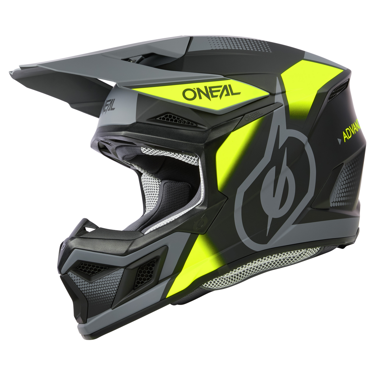 Ein schwarzer und grauer O'NEAL 3SRS Helm VISION Motocross-Helm mit leuchtend gelben Akzenten, "O'Neal"-Schriftzug an der Seite, einem großen Visier, Kinnschutz und auffälligen stilisierten Grafiken.