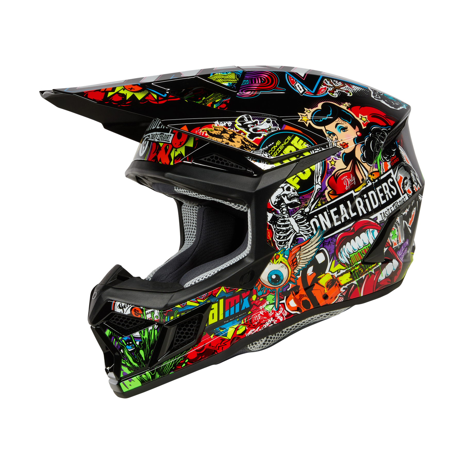 Der O'NEAL 3SRS Helm Kinder CRANK ist ein Motocross-Vollvisierhelm von O'NEAL mit bunten Graffiti-Grafiken wie Cartoon-Frauen, Totenköpfen, Comic-Texten und dem Aufdruck "O'NEAL RIDERS" an der Seite - ideal für junge MX-Fans.