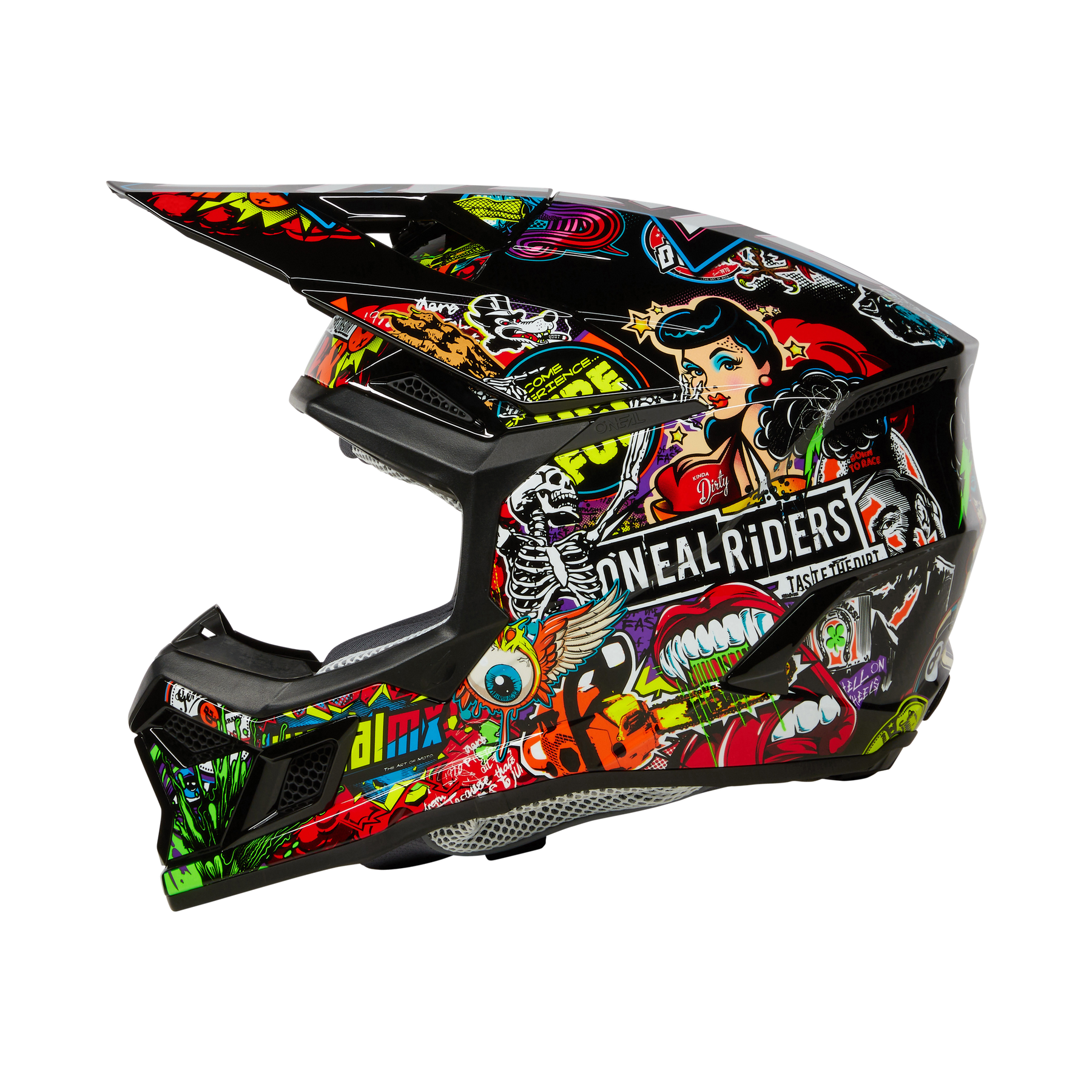 Der O'NEAL 3SRS Helm Kinder CRANK zeichnet sich durch lebendige Grafiken im Comic-Stil aus - Cartoon-Gesichter, Skelette, Lippen und auffällige Muster - mit dem Schriftzug O'NEAL RIDERS" an der Seite für einen verspielten Motocross-Look.
