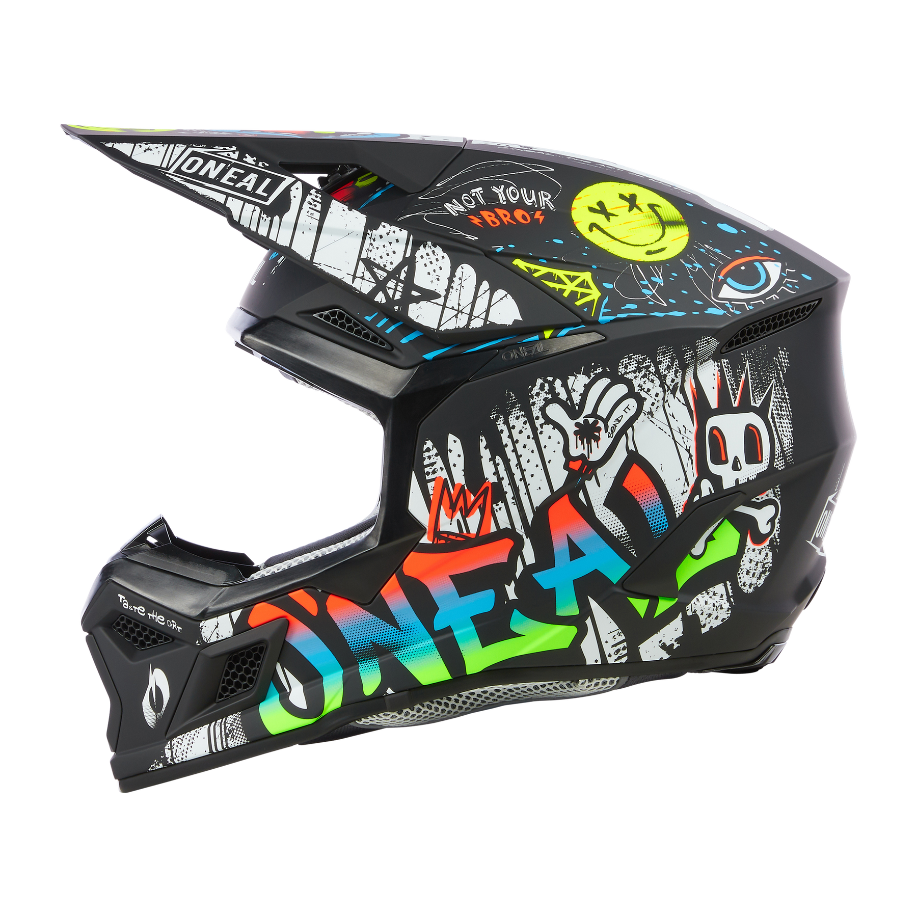 Der O'NEAL 3SRS Helm Kinder RANCID ist ein schwarzer Integralhelm für Kinder mit Graffiti-Grafiken, Cartoon-Figuren und dem Schriftzug O'NEAL" - eine sichere und auffällige Wahl für junge Fahrer.