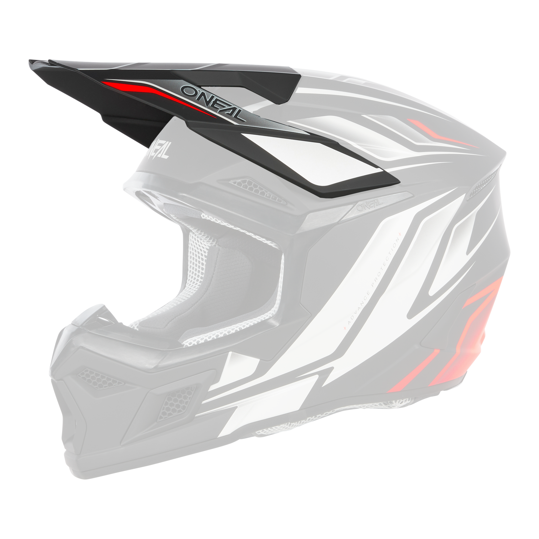 Der O'NEAL Visor 3SRS Youth Helmet VERTICAL ist ein schwarzer Motocross-Helm mit auffälligen weißen und roten geometrischen Akzenten, einem Visier, Belüftungsöffnungen und dem O'NEAL-Logo, das von der Seite vor einem einfarbigen Hintergrund gezeigt wird.