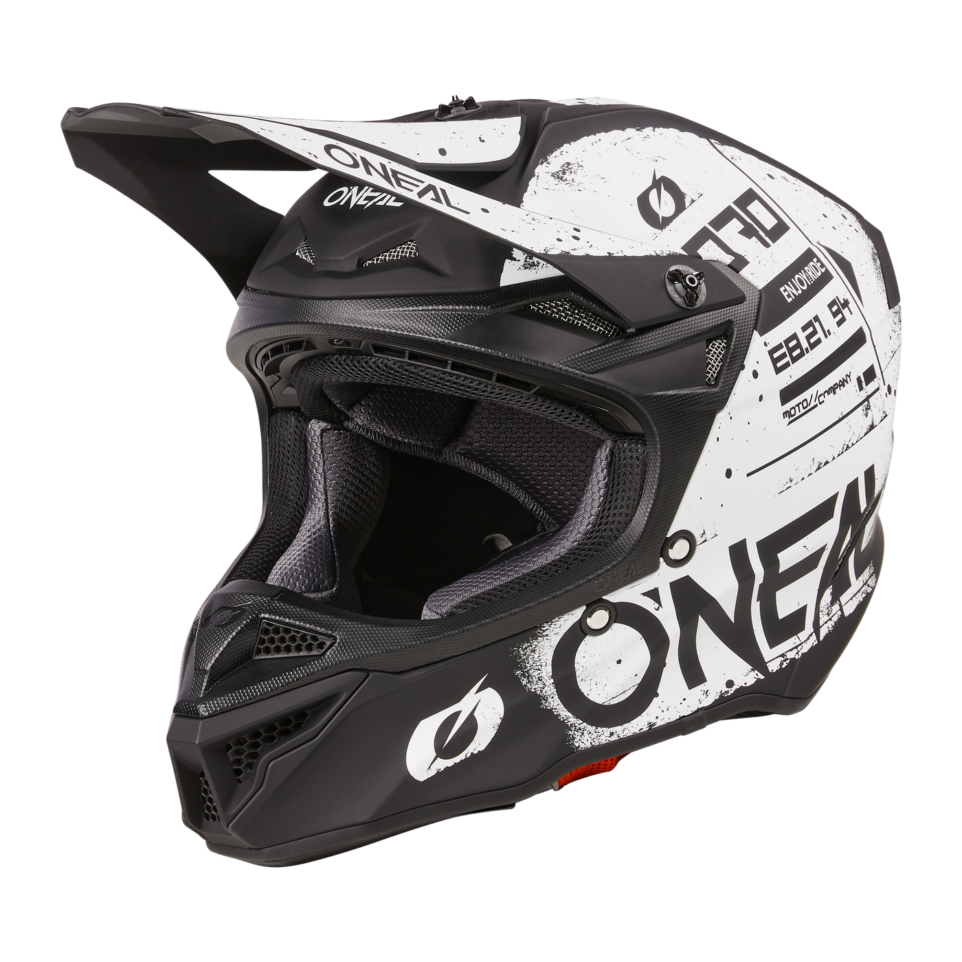 The O'NEAL 5SRS Polyacrylite Helmet SCARZ is a black and white motocross helmet with visor, "ONEAL" branding, breathable padding and a robust ABS construction for more safety.