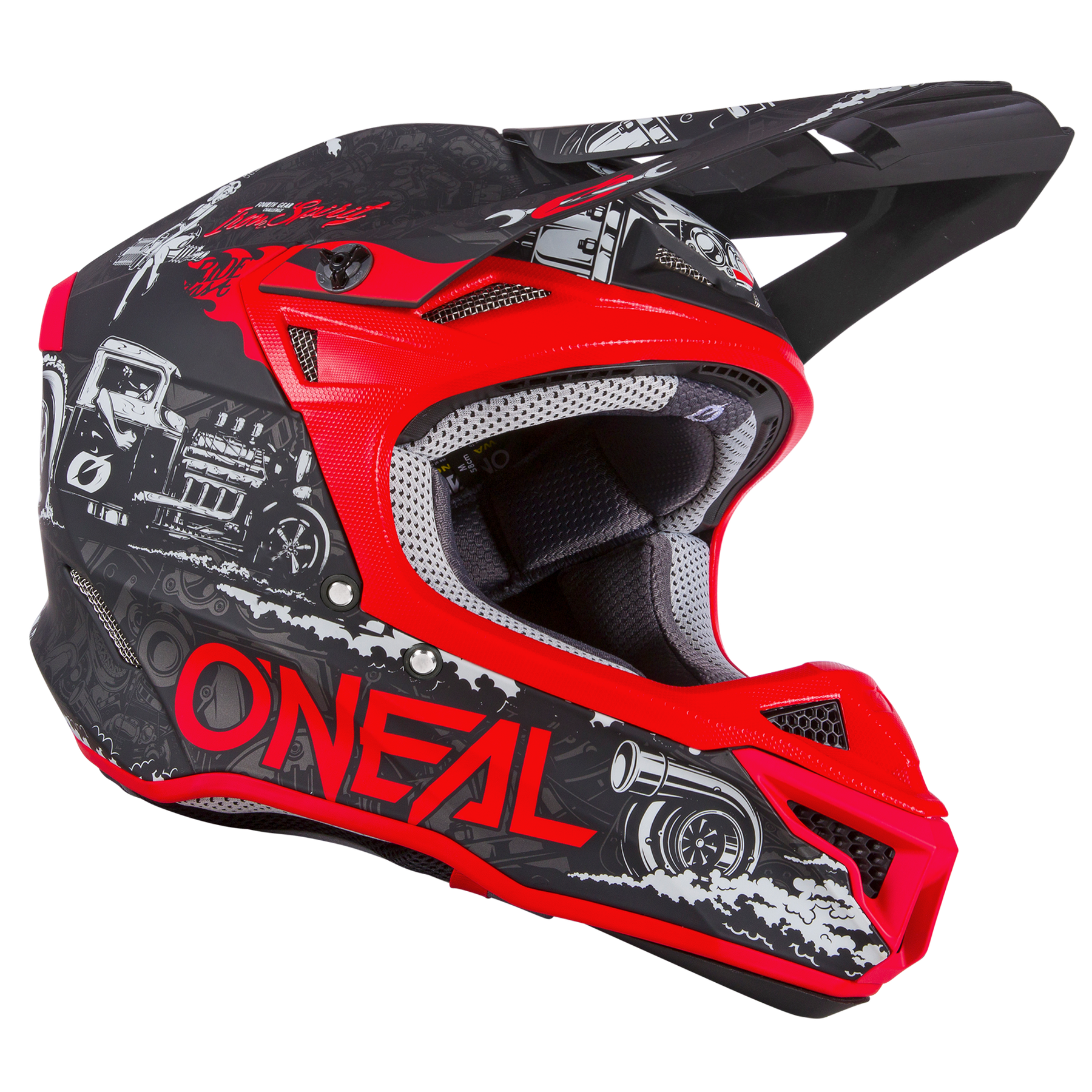 Der O'NEAL 5SRS Polyacrylite Helm HR verfügt über eine schwarz-rot-weiße Grafik mit dem Schriftzug O'NEAL" an der Seite, Fahrzeugabbildungen, detaillierte Muster und eine robuste Schale für verbesserten Schutz.