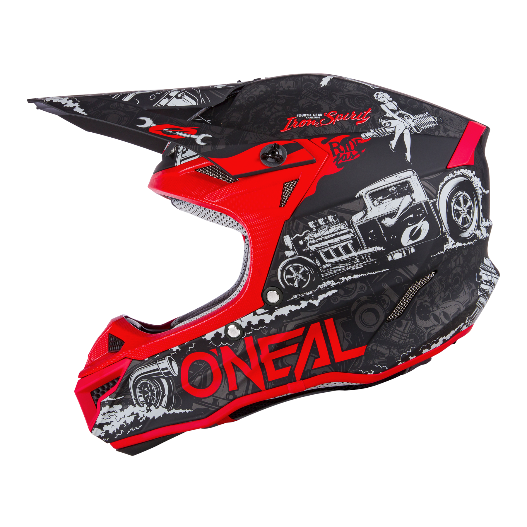 Der O'NEAL 5SRS Polyacrylite Helm HR ist ein rot-schwarzer Motocross-Helm mit Hot-Rod-Car- und Pin-up-Grafik, gefertigt aus strapazierfähigem Polyacrylite und mit dem markanten "O'NEAL"-Logo an der Seite.