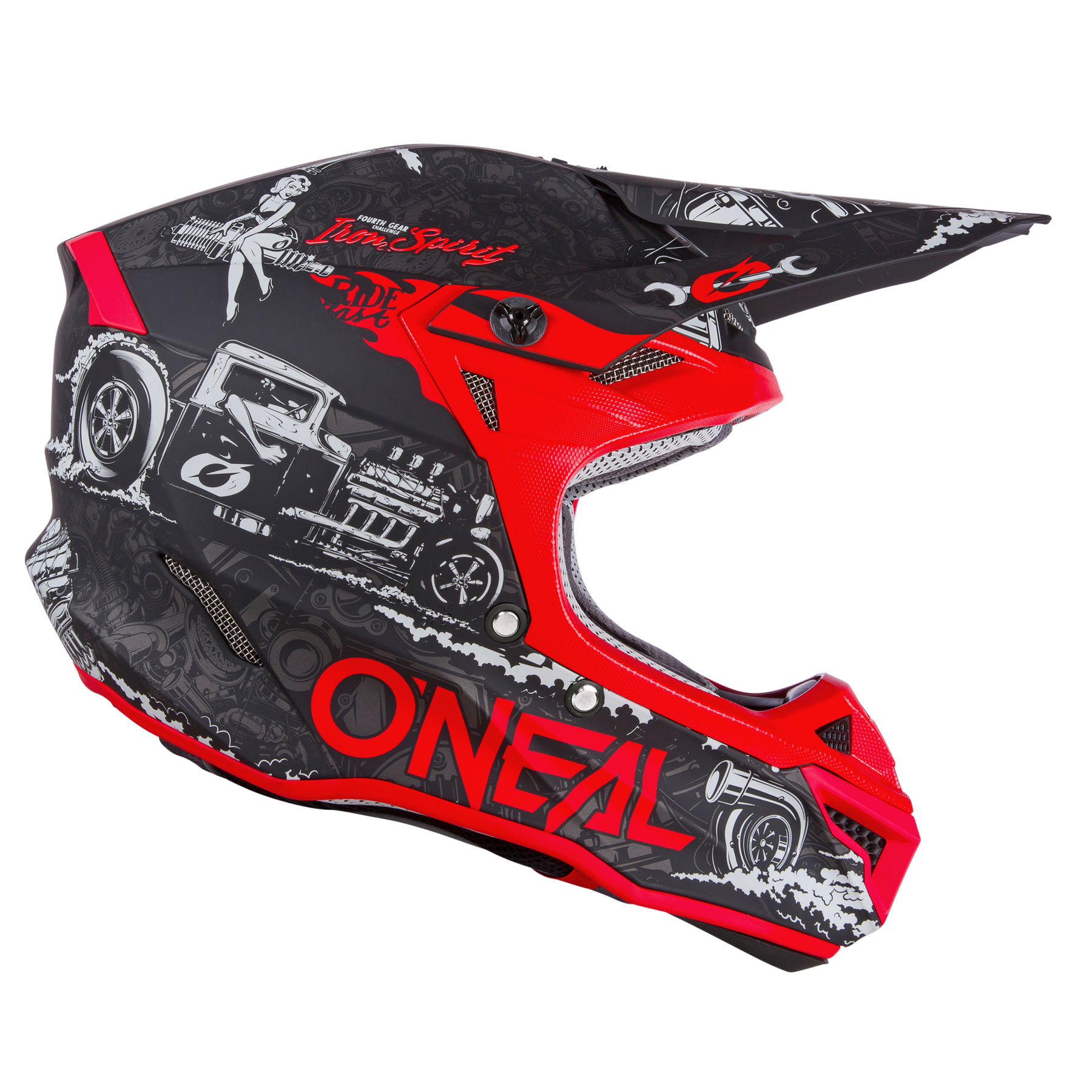 Der O'NEAL 5SRS Polyacrylite Helm HR ist ein schwarz-roter Motocross-Helm mit Oldtimer- und Pin-up-Girl-Grafiken, einem großen roten "ONEAL"-Logo an der Seite, einer robusten ABS-Konstruktion und einem verlängerten Frontvisier.