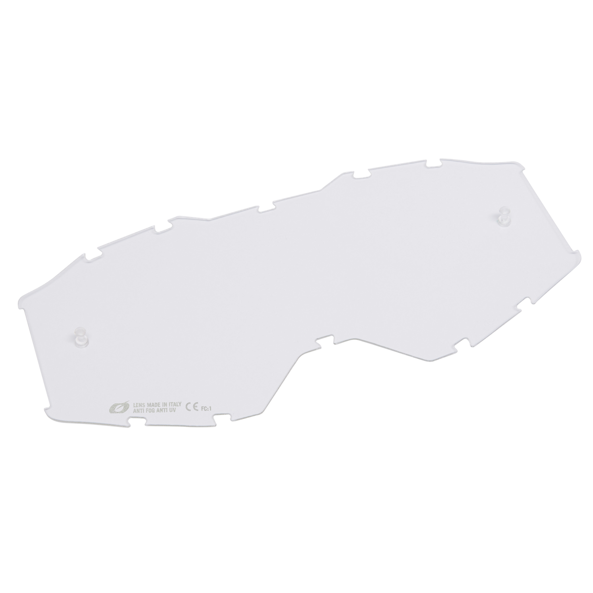 Die O'NEAL B-10 Goggle - Ersatzglas ist ein klares, eckiges Kunststoffglas mit zwei kleinen Verschlüssen, mehreren Kerben an den Rändern und einem O'NEAL-Logo mit Text in der linken unteren Ecke, das auf schwarzem Hintergrund dargestellt ist.