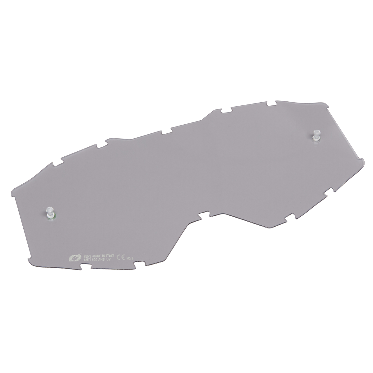 Die O'NEAL B-10 Goggle Ersatzscheibe ist eine transparente, eckige Kunststoffscheibe mit zwei kleinen Verschlüssen auf jeder Seite, die vor einem einfarbigen Hintergrund abgebildet ist.