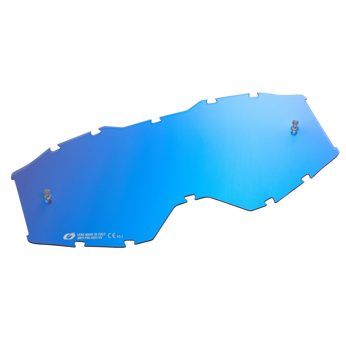 Die O'NEAL B-10 Goggle - Spare Lens von O'NEAL ist eine blau getönte, unregelmäßig geformte Linse mit zwei Metallstiften, Randeinkerbungen und weißem Text in der Ecke, dargestellt auf einem einfarbigen Hintergrund.