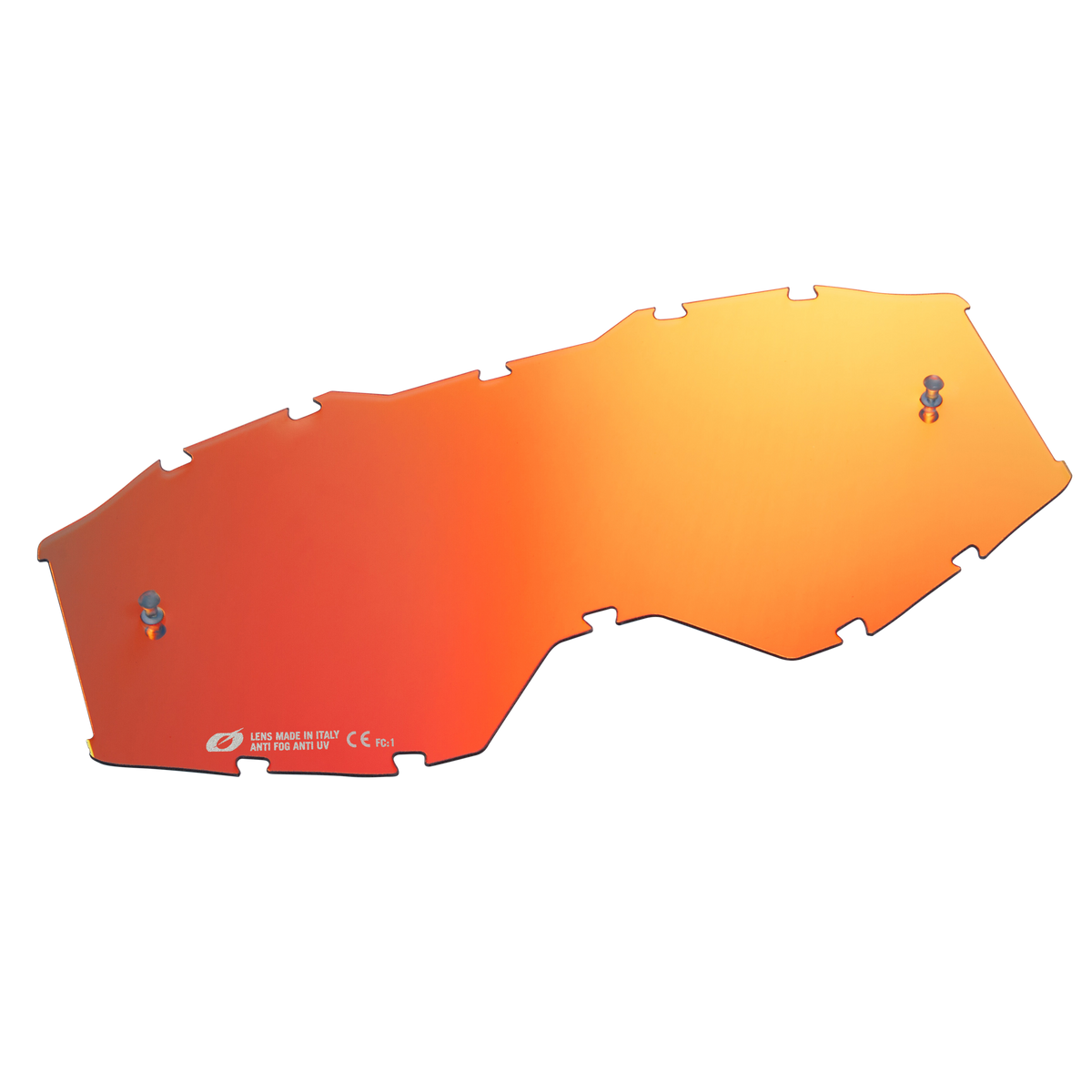 Die O'NEAL B-10 Goggle - Ersatzscheibe ist eine reflektierende, orangefarbene Ersatzscheibe mit eckigen Kanten, Aussparungen und zwei silbernen Verschlüssen, die für Sport- oder Schutzbrillen von O'NEAL entwickelt wurde.