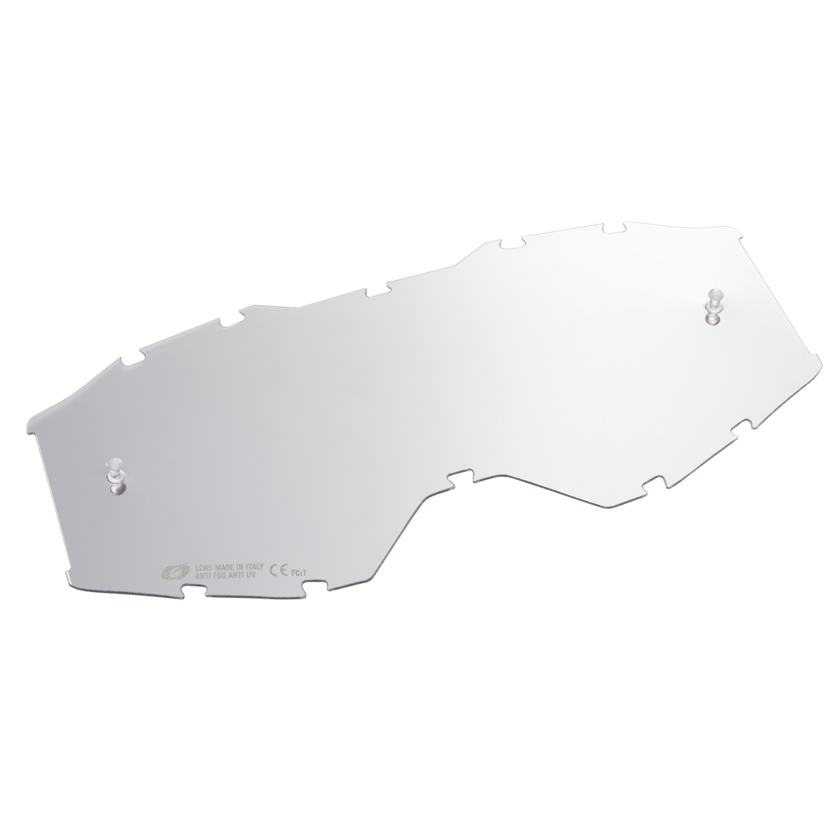 Die O'NEAL B-10 Goggle-Ersatzscheibe ist eine klare, gewölbte Ersatzscheibe mit zwei Befestigungsstiften und kleinen Randkerben, die auf weißem Hintergrund abgebildet ist.