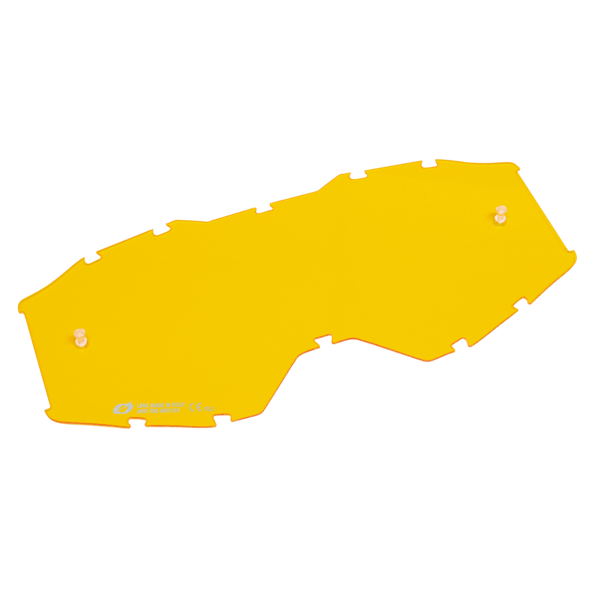 Eine flache, unregelmäßig geformte gelbe O'NEAL B-10 Goggle Ersatzscheibe mit zwei kleinen Zapfen und mehreren Kerben entlang der Ränder, dargestellt vor einem schwarzen Hintergrund.