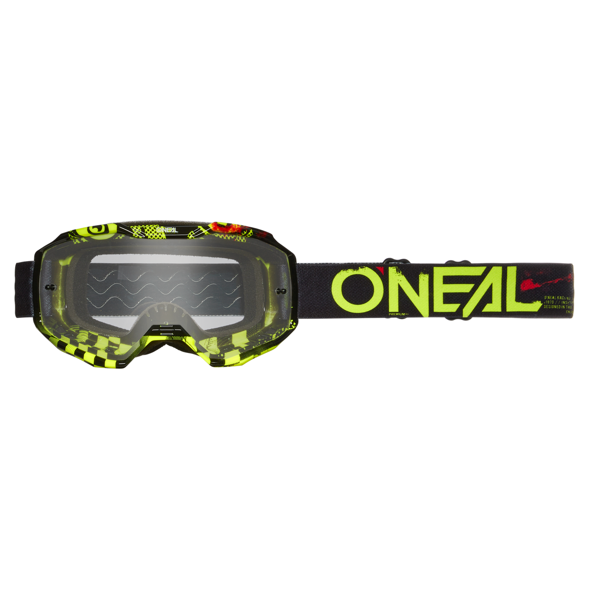 Die O'NEAL B-10 Brille ATTACK hat ein schwarz-gelb kariertes Design, klare Gläser und ein verstellbares Band mit dem Markennamen O'NEAL in fetten gelben Buchstaben.