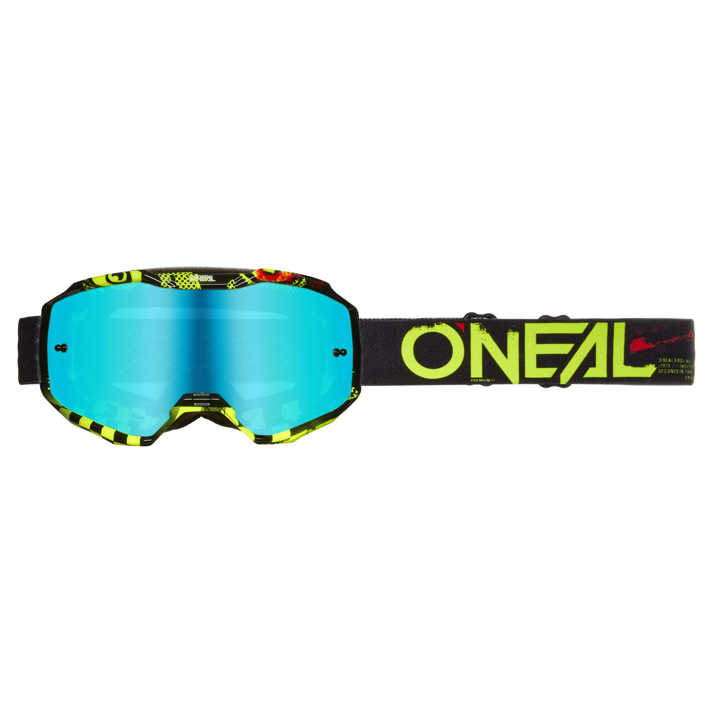 Die O'NEAL B-10 Brille ATTACK ist eine Motocross-Brille mit leuchtend blau getönten Gläsern, einem schwarzen Band mit auffälligem gelben O'NEAL-Branding und neongelben, schwarzen und roten Rahmenakzenten.