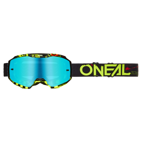 Die O'NEAL B-10 Brille ATTACK ist eine Motocross-Brille mit leuchtend blau getönten Gläsern, einem schwarzen Band mit auffälligem gelben O'NEAL-Branding und neongelben, schwarzen und roten Rahmenakzenten.