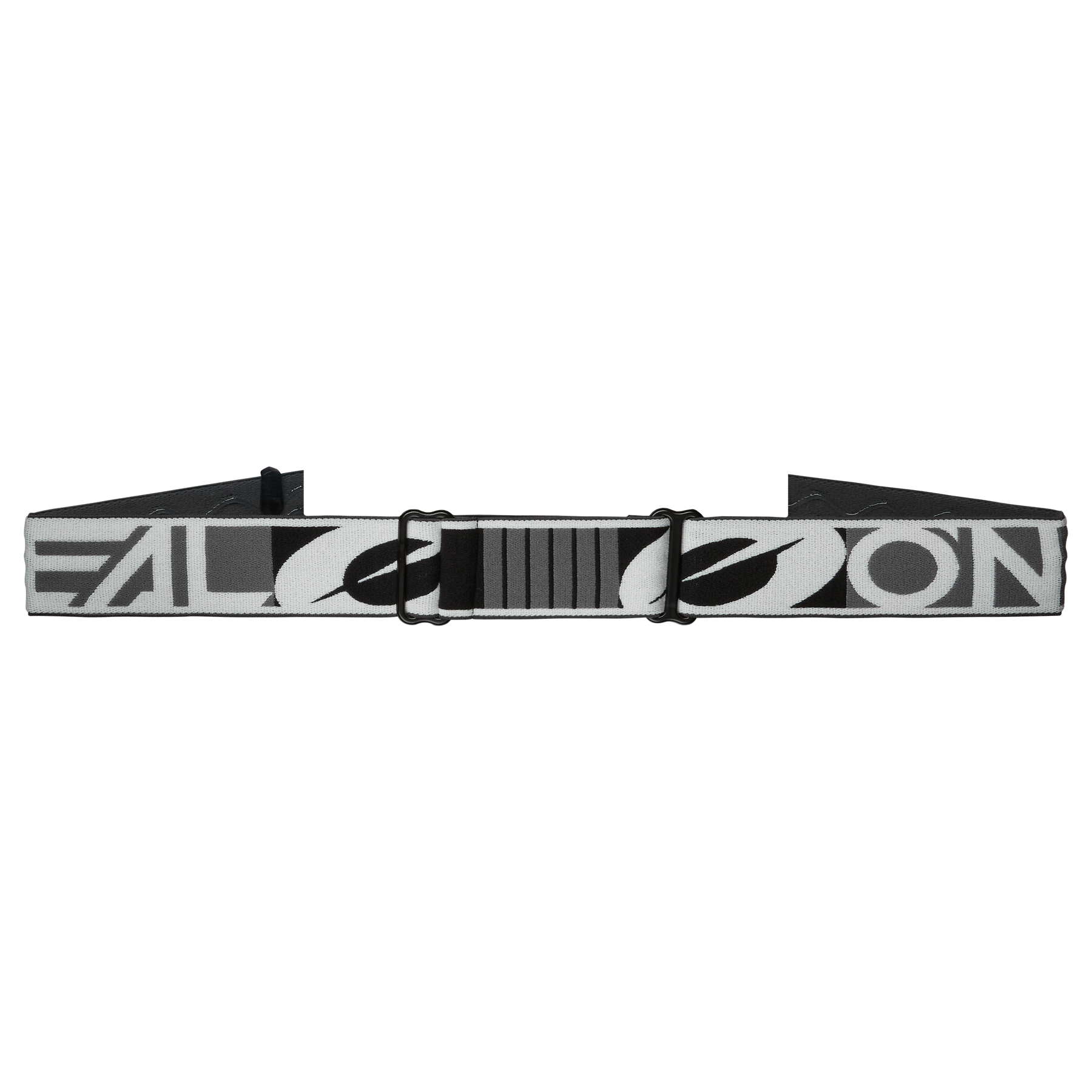 Ein schwarz-weißer, verstellbarer Gürtel mit abstraktem Text und grafischen Mustern, mit einer rechteckigen Metallschnalle - ideal für Fans der O'NEAL B-10 Brille DUPLEX oder ähnlicher MTB-Brillenmodelle.