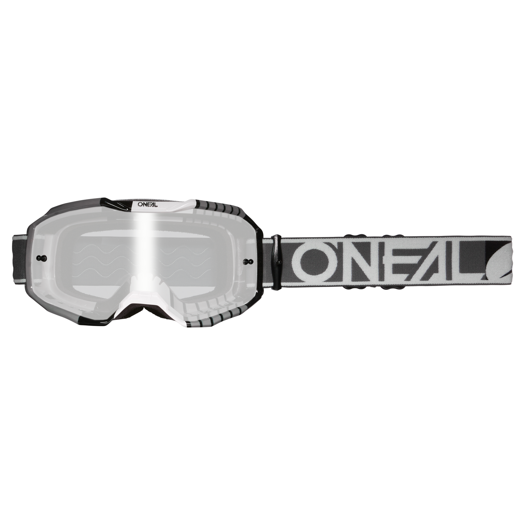 Die O'NEAL B-10 Brille DUPLEX ist eine schwarz-weiße Motocross-Brille mit klaren Gläsern und einem verstellbaren Band mit auffälligem O'NEAL-Branding.