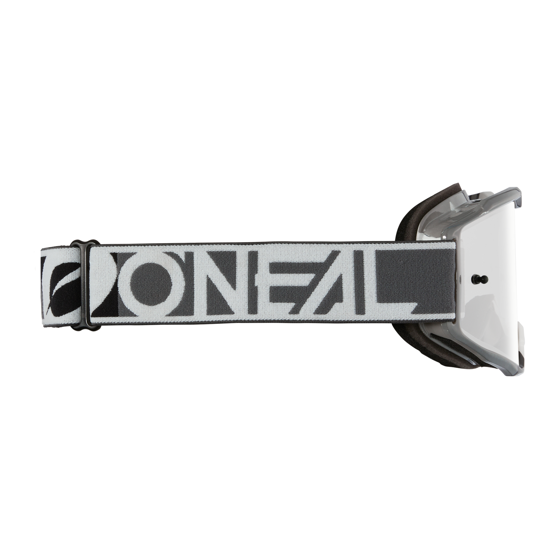 Seitenansicht der O'NEAL B-10 Brille DUPLEX mit weißem und schwarzem Band, auffälligem O'NEAL-Logo und klaren Gläsern - die perfekte MTB- oder MX-Brille für vielseitiges Fahren.