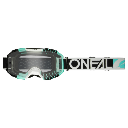 O'NEAL B-10 Brille DUPLEX Motocross-Brille mit klarer Scheibe, schwarzem Rahmen, blaugrünen Akzenten und einem verstellbaren schwarz-weißen O'NEAL-Logo-Band.