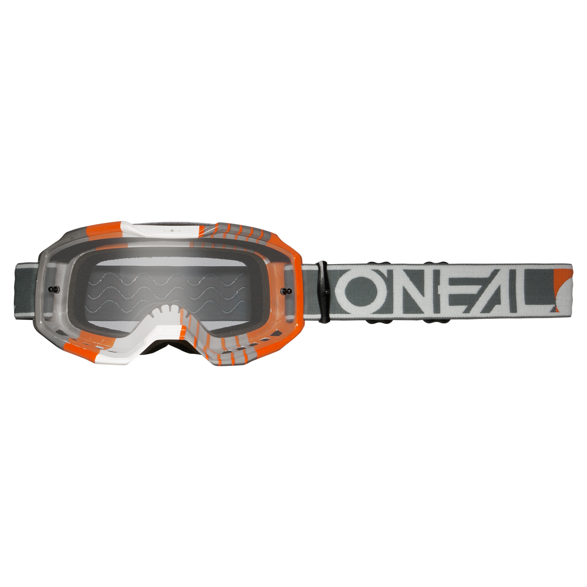 O'NEAL B-10 Brille DUPLEX Motocross-Brille mit schwarzem Rahmen, klarer Scheibe, orangefarbenen und weißen Akzenten und einem schwarzen Band mit weißem O'NEAL-Logo.