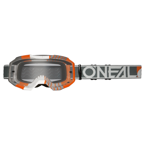 O'NEAL B-10 Brille DUPLEX Motocross-Brille mit schwarzem Rahmen, klarer Scheibe, orangefarbenen und weißen Akzenten und einem schwarzen Band mit weißem O'NEAL-Logo.