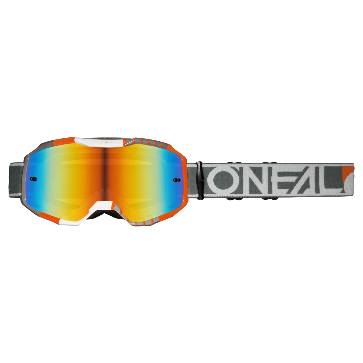 Die O'NEAL B-10 Brille DUPLEX ist eine Motocross-Brille mit reflektierenden orange-blauen Gläsern, einem schwarz-orangefarbenen Rahmen und einem schwarzen Gurt mit weißem O'NEAL-Logo.