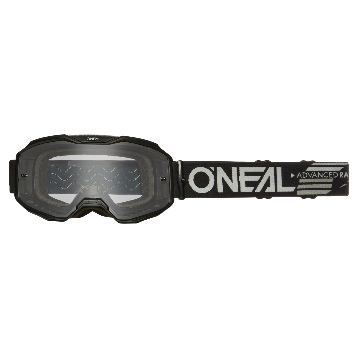 Die O'NEAL B-10 Brille SOLID ist eine Motocross-Brille mit transparenten Gläsern, schwarzem Rahmen und verstellbarem schwarzem Band mit weißem "O'NEAL ADVANCED"-Logo und grafischen Details.