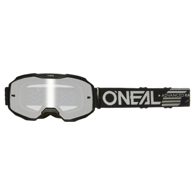 Die O'NEAL B-10 Brille SOLID Motocross-Brille verfügt über ein breites, klares Glas und ein verstellbares schwarzes Band mit dem weißen "O'NEAL"-Logo und dem "ADVANCED"-Schriftzug - die ideale MX- oder MTB-Brille für vielseitige Fahrer.