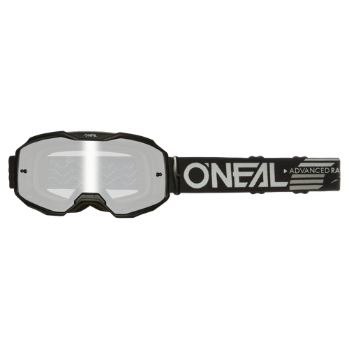 Die O'NEAL B-10 Brille SOLID Motocross-Brille verfügt über ein breites, klares Glas und ein verstellbares schwarzes Band mit dem weißen