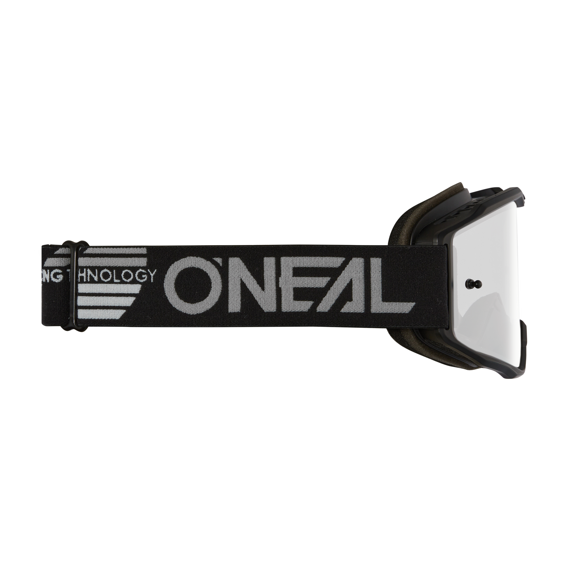 Seitenansicht der O'NEAL B-10 Brille SOLID in Schwarz mit weißem Rahmen und klaren Gläsern. Verfügt über ein verstellbares Band mit O'NEAL-Logo und weißen Grafiken. Ideal für den MX- oder MTB-Einsatz.
