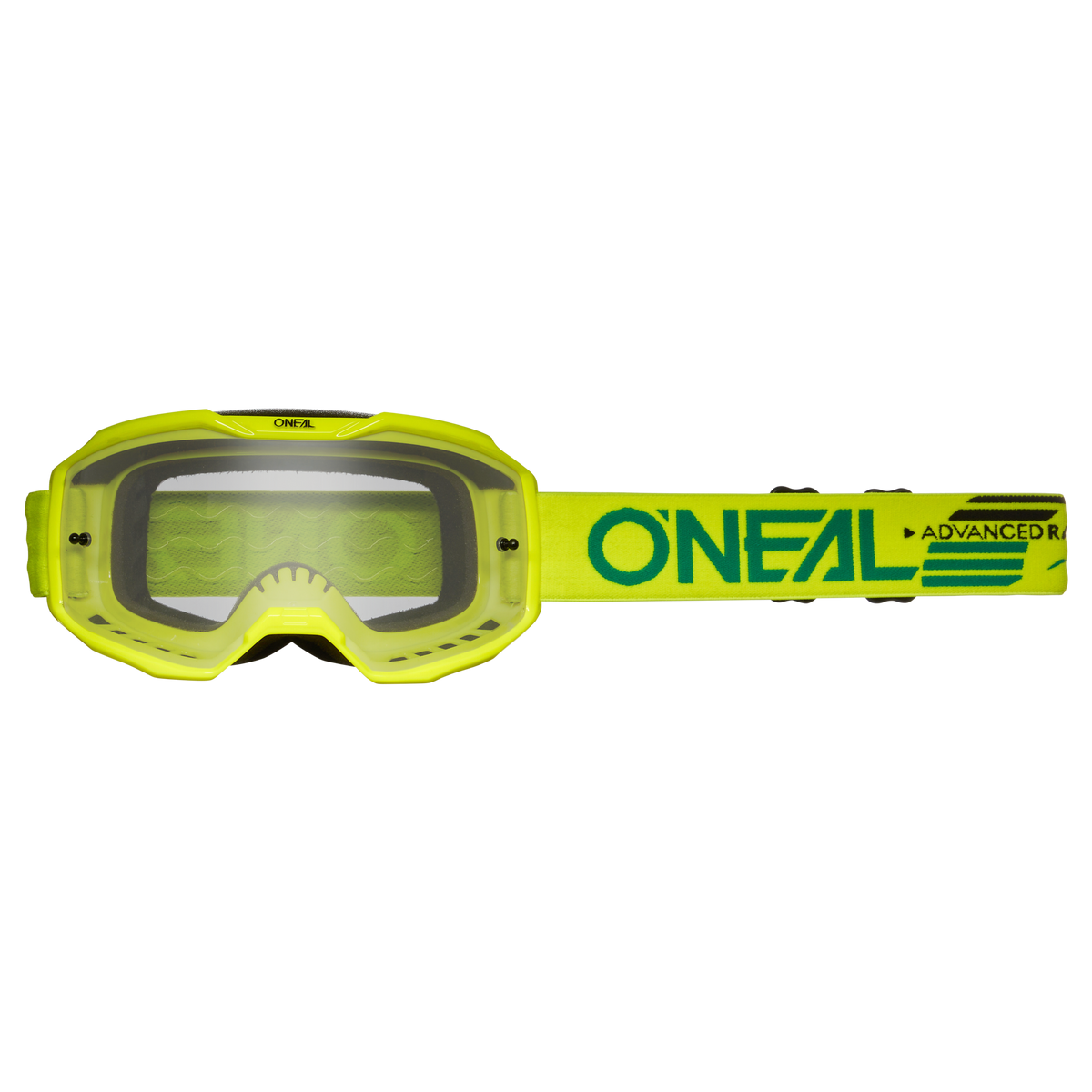 Die O'NEAL B-10 Brille SOLID ist eine Motocross-Brille mit gelbem und schwarzem Design, klaren Gläsern, verstellbarem gelbem Band mit grünem "O'NEAL ADVANCED"-Logo und Streifen. Geeignet für MTB Brille oder MX Brille Off-Road-Einsatz.