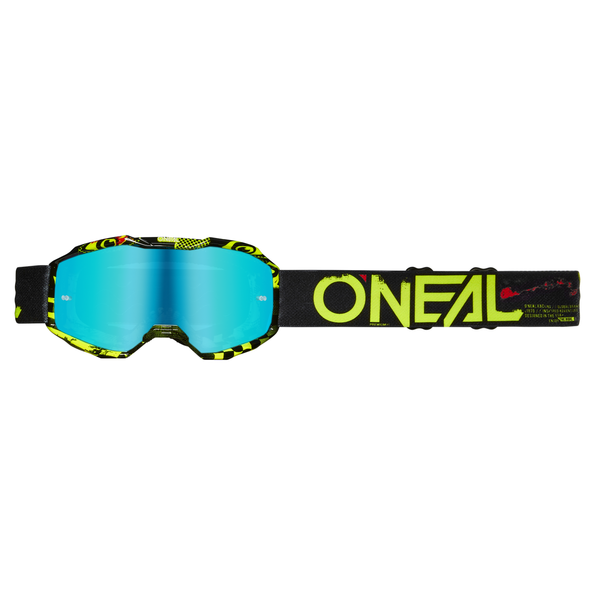 Die O'NEAL B-10 Brille Kinder ATTACK überzeugt mit blau getönter Scheibe, schwarz-gelbem Muster und schwarzem Band mit gelbem O'NEAL Logo - idealer Schutz für junge Fahrer.