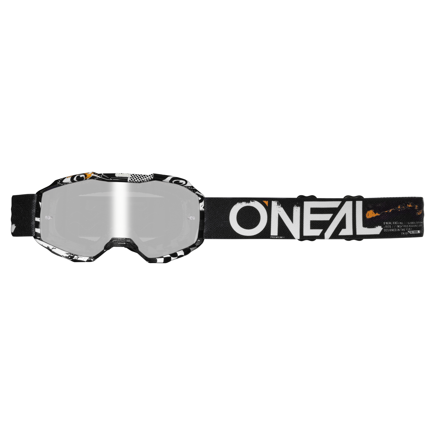 Die O'NEAL B-10 Brille Kinder ATTACK hat einen schwarz-weißen Rahmen, klare Gläser und ein schwarzes Band mit weißem "O'NEAL"-Logo - der ideale Schutz für Kinder beim Motocross.