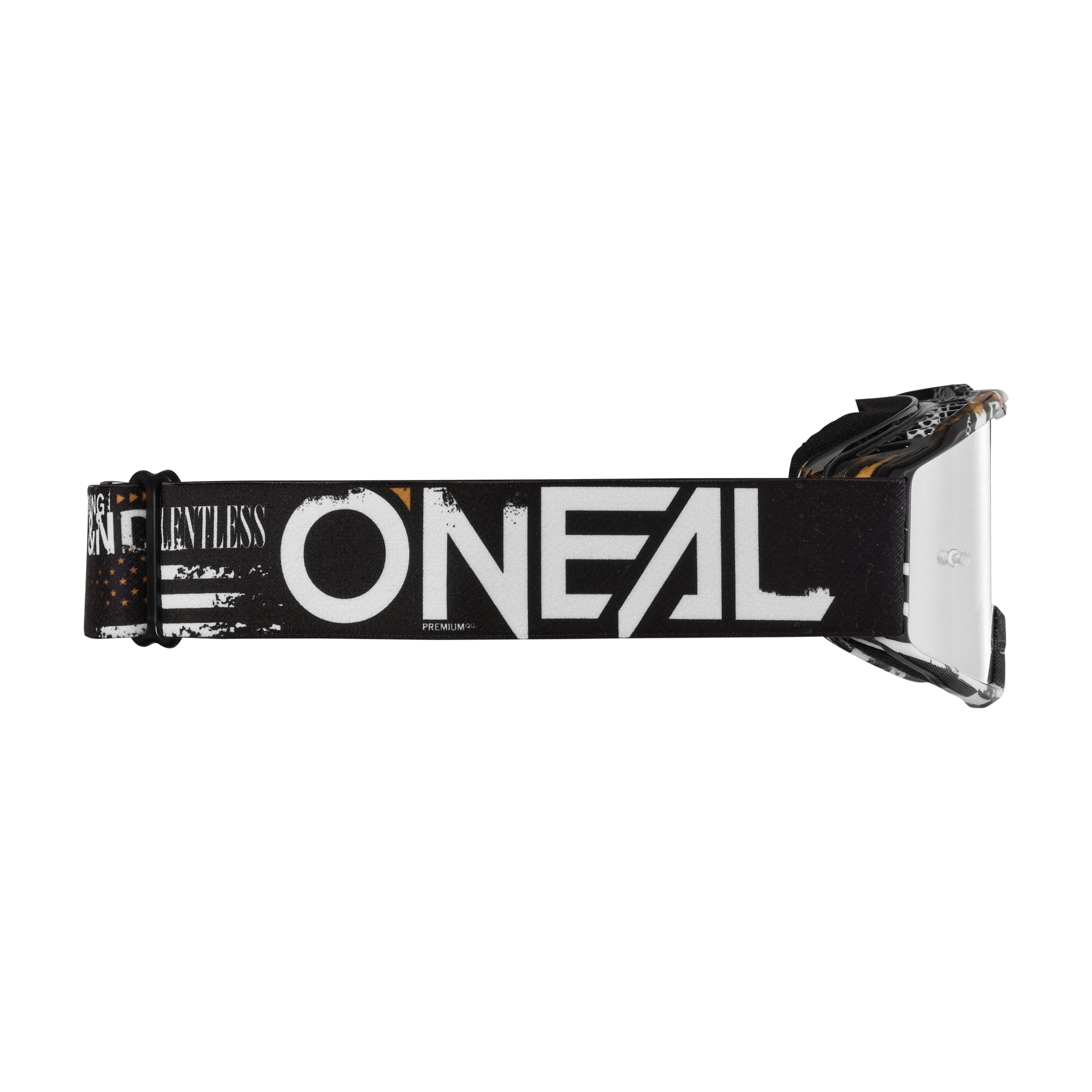 Seitenansicht eines schwarzen O'NEAL-Brillenbandes mit fettem weißem "ONEAL"-Schriftzug und gealtertem Design, befestigt an einer O'NEAL B-10 Brille Kinder ATTACK auf der rechten Seite.