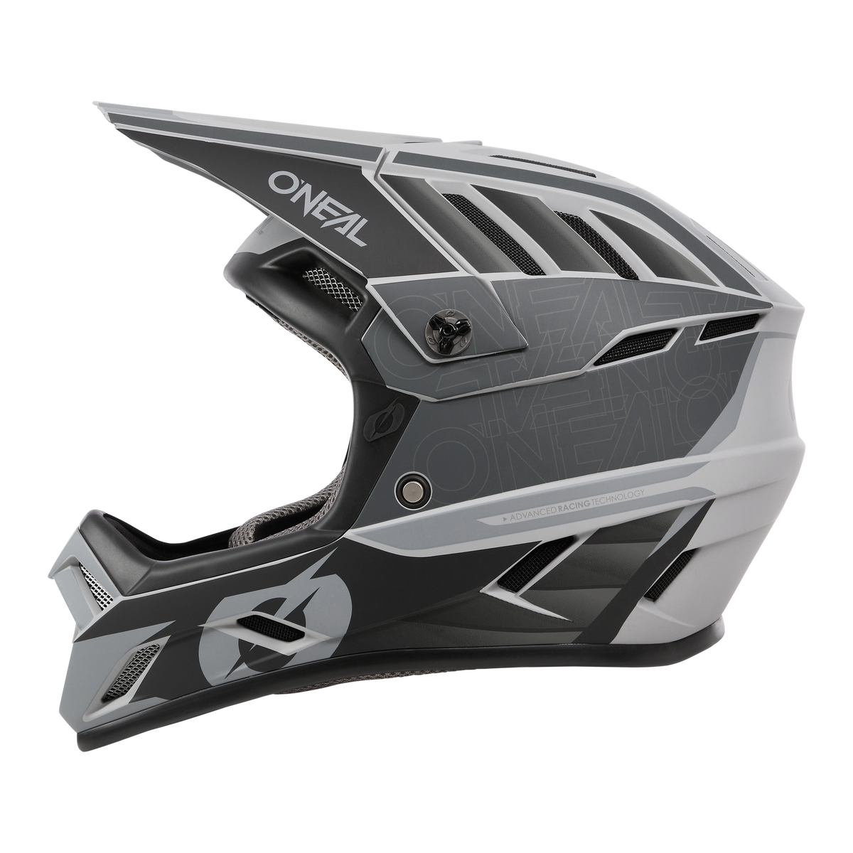 Der O'NEAL BACKFLIP Helm ECLIPSE ist ein schwarzer, grauer und weißer Fullface-MTB-Helm mit kantigem, geometrischem Design, Lüftungsschlitzen, Visier und dem O'NEAL-Logo an der Seite.