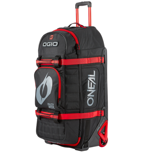Die O'NEAL x OGIO Reisetasche 9800 in Schwarz/Rot bietet Rollen, Teleskopgriff,