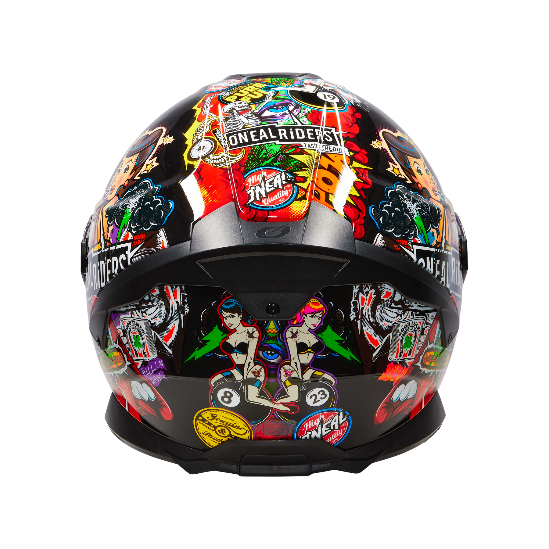 Der O'NEAL CHALLENGER Helm CRANK zeichnet sich durch auffällige, farbenfrohe Grafiken mit Cartoon-Figuren, Pin-up-Girls, Graffiti-Text und "O'NEAL RIDERS" auf einer eleganten schwarzen Schale aus - perfekt für alle Motorradfans.
