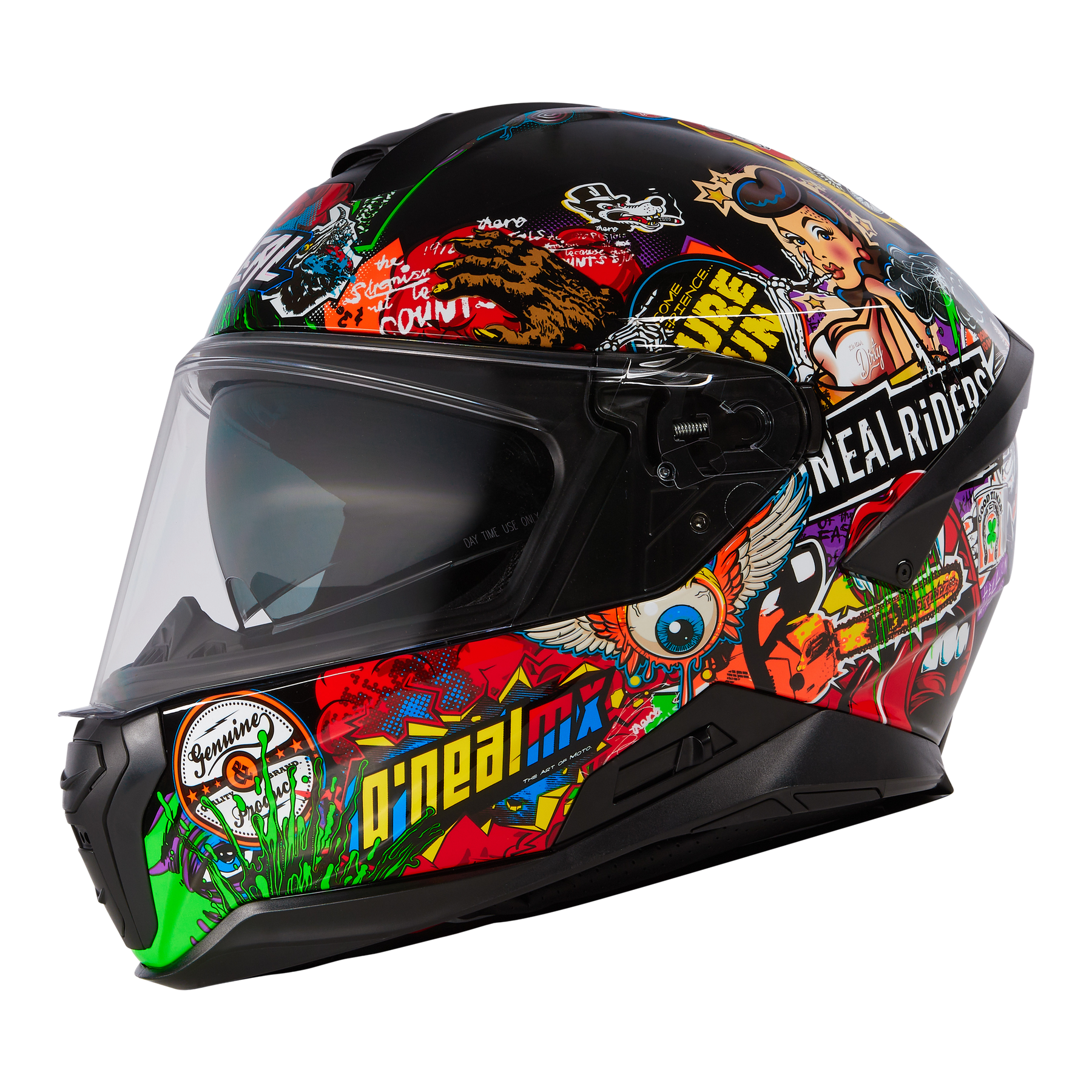 Der O'NEAL CHALLENGER Helm CRANK ist ein Vollvisierhelm mit Grafiken im Graffiti-Stil, kräftigen Farben und einer Cartoon-Frau sowie dem Schriftzug "O'NEAL RIDERS" und einem klaren Visier - ideal für alle Fahrradfans.