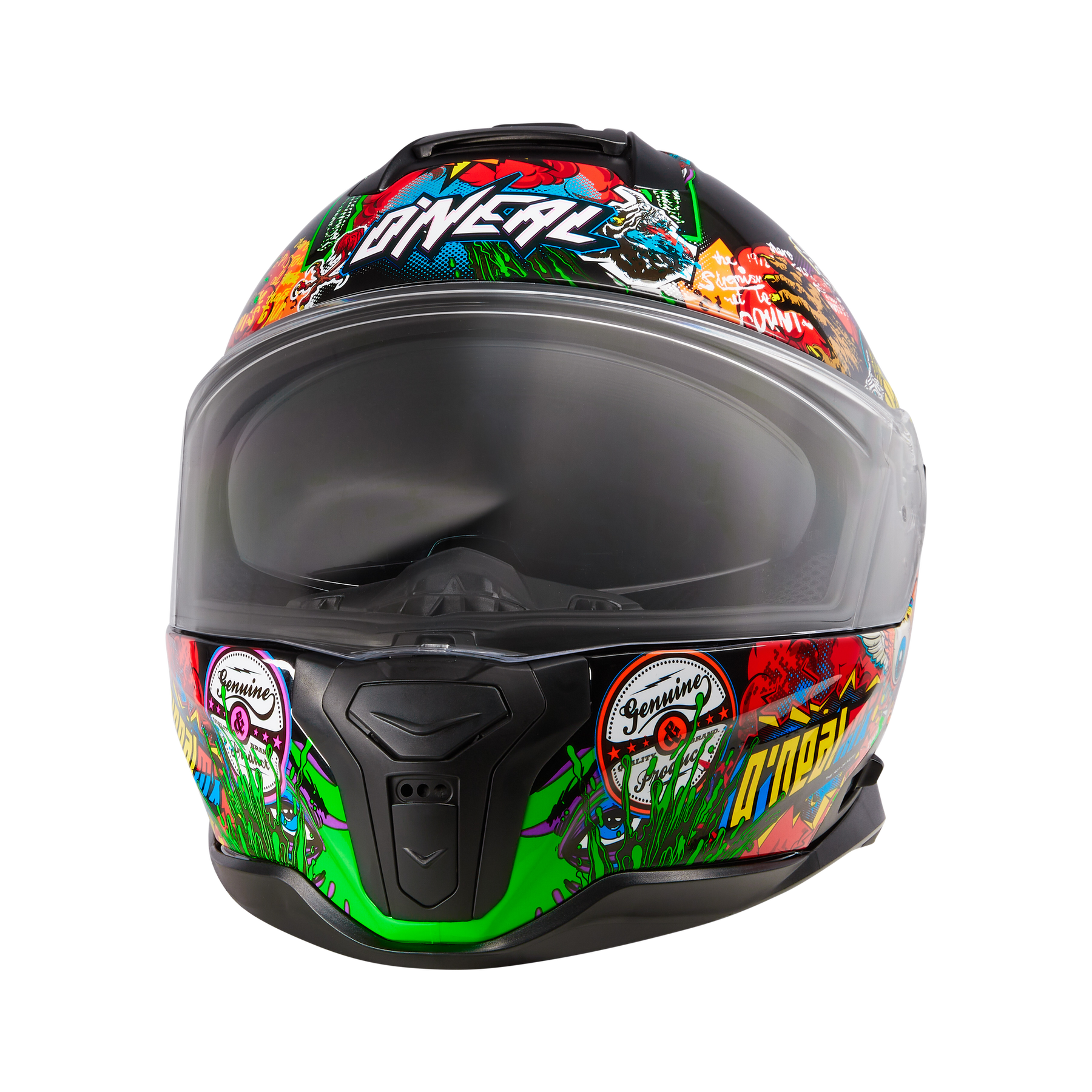 Der O'NEAL CHALLENGER Helm CRANK ist ein Fahrradhelm mit klarem Visier und farbenfroher Blumengrafik sowie kräftigen Mustern in Grün, Rot, Blau und Gelb auf Schwarz.