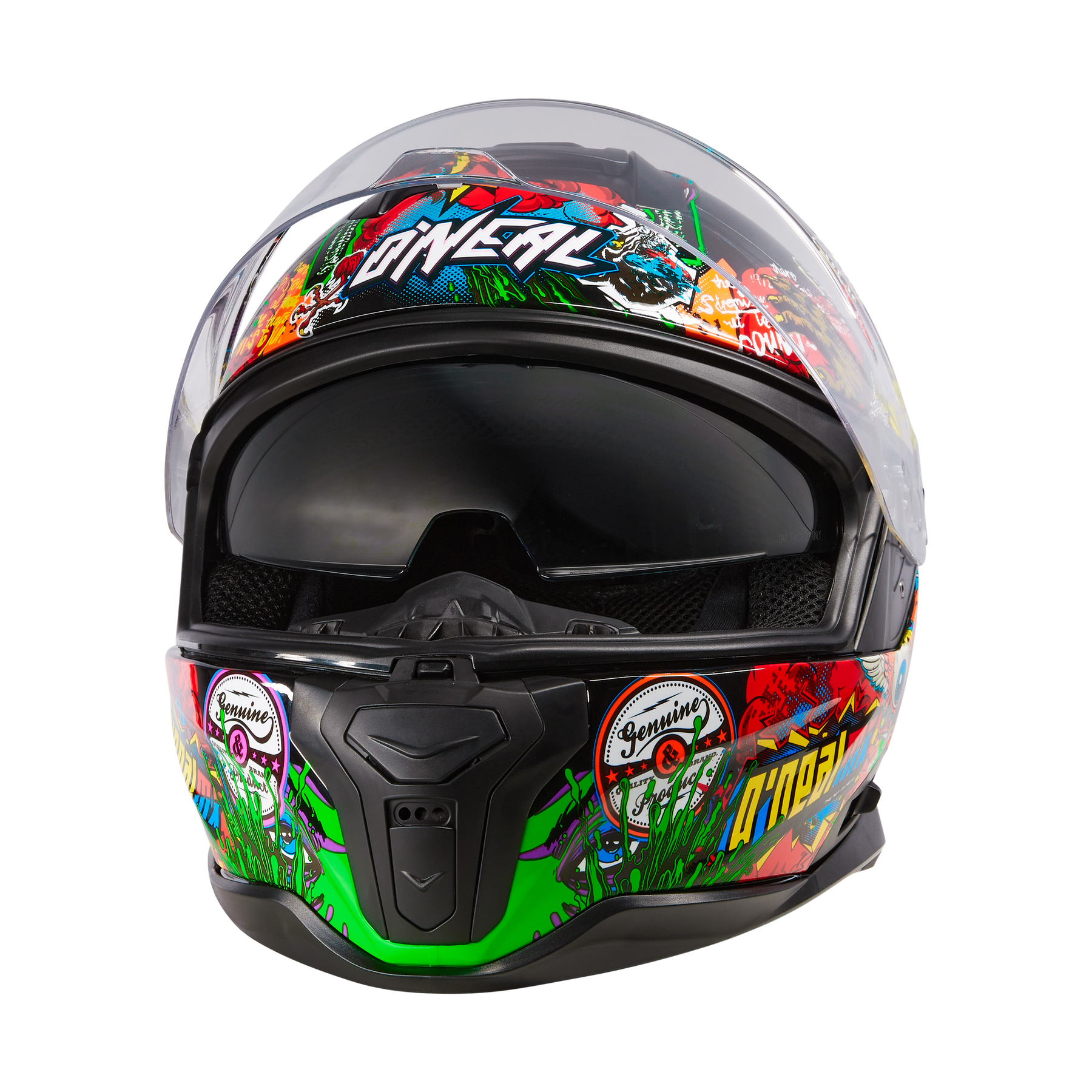 Der O'NEAL CHALLENGER Helm CRANK ist ein farbenfroher Integralhelm von O'NEAL mit klarem Visier und auffälligen mehrfarbigen Grafiken mit Text und illustrierten Elementen in Grün, Rot, Blau und Gelb.