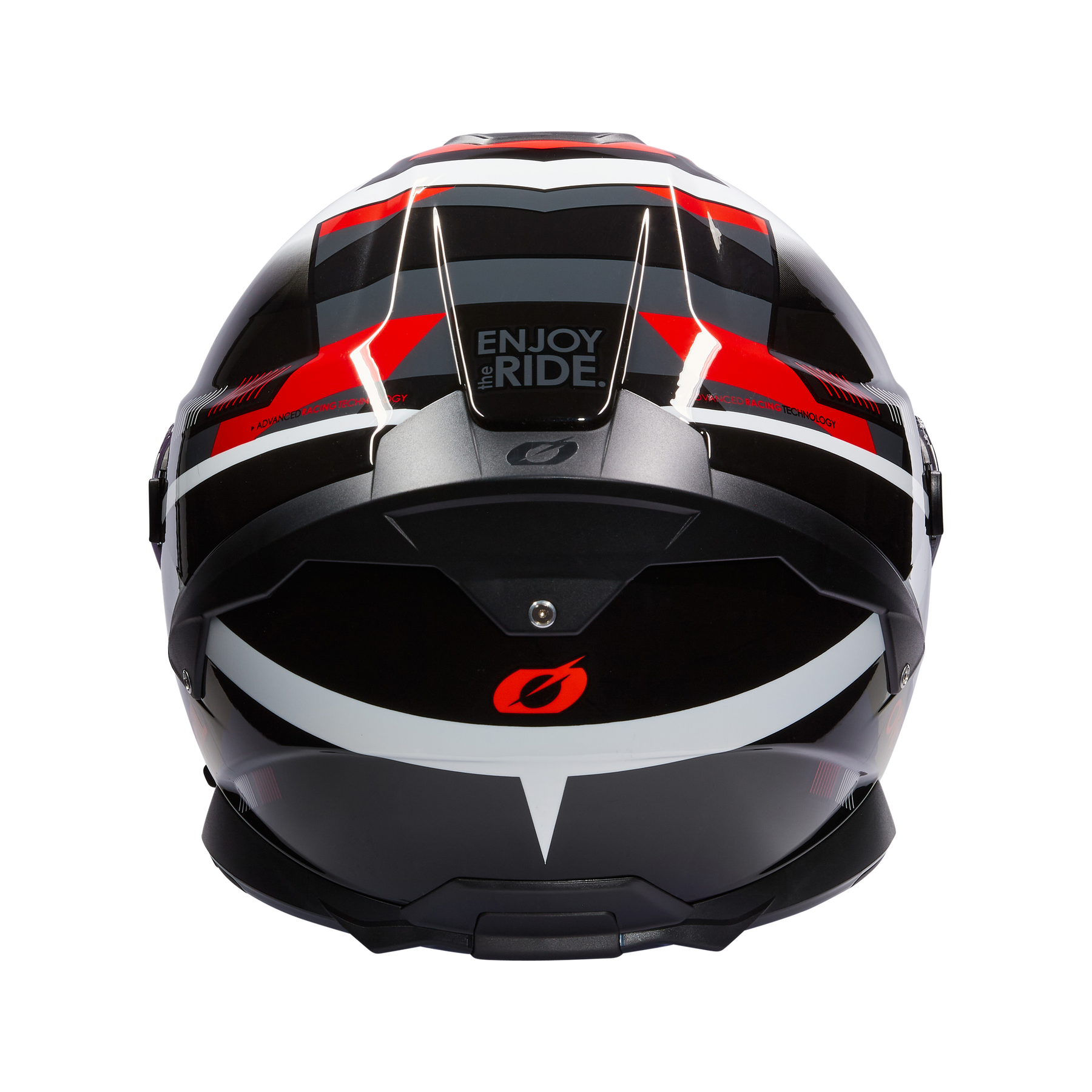 Eine Rückansicht des O'NEAL CHALLENGER Helm EXO in Schwarz, Rot und Weiß mit aerodynamischen Flossen und "ENJOY THE RIDE." in der hinteren Mitte - ideal für jeden Fahrradliebhaber.