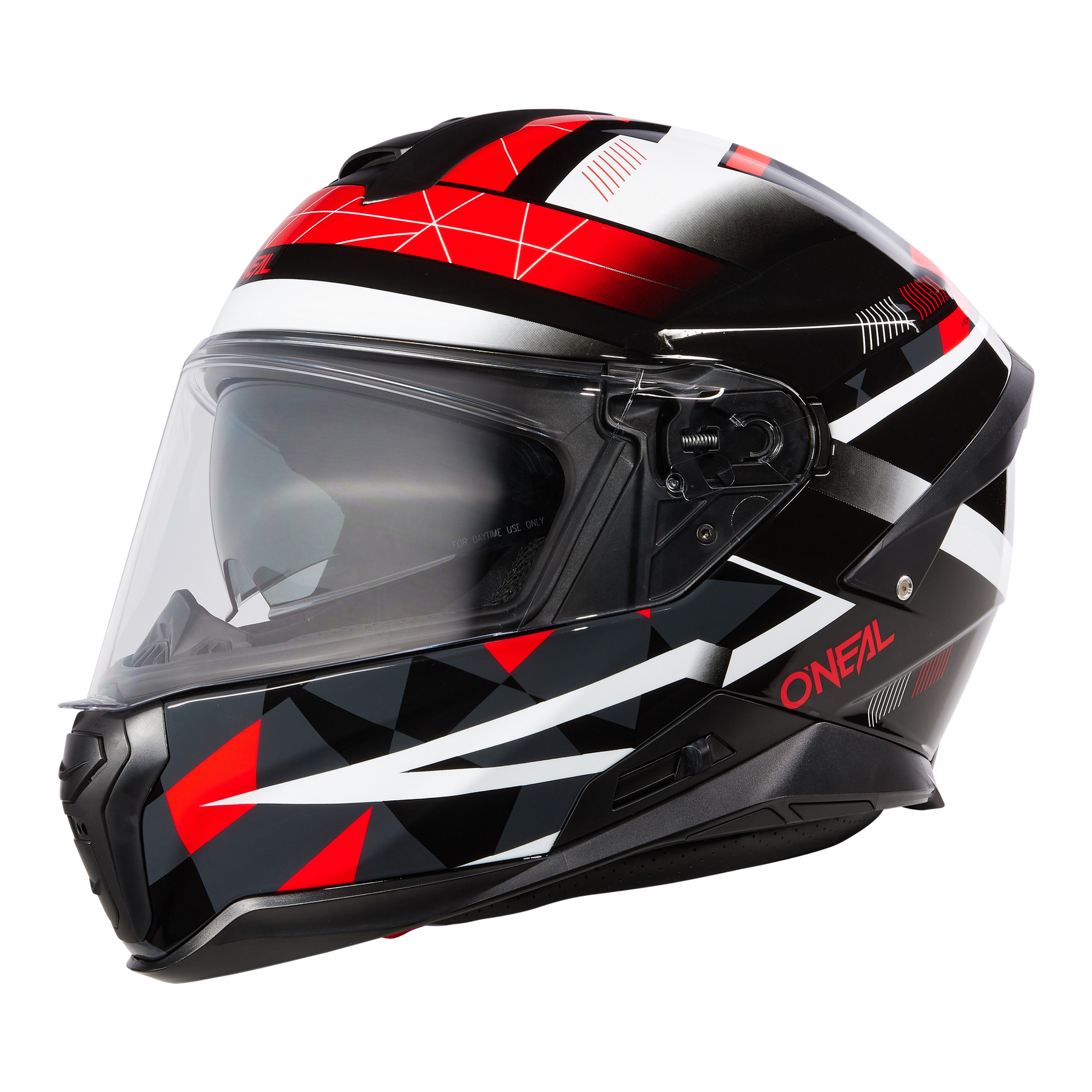 Der O'NEAL CHALLENGER Helm EXO ist ein Integralhelm mit klarem Visier und auffälliger geometrischer Grafik in Schwarz, Rot und Weiß - ideal für Fahrradfans.