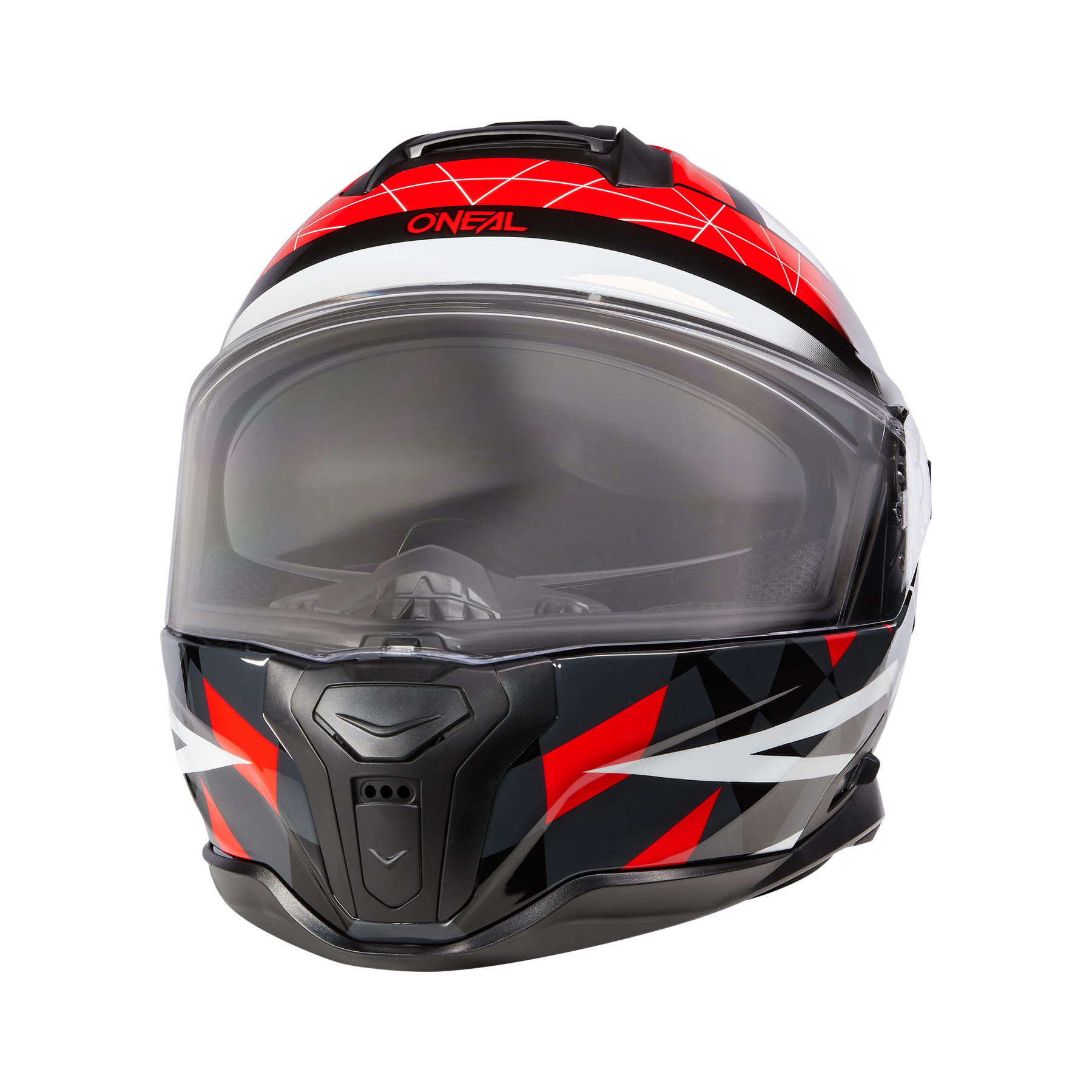 Der O'NEAL CHALLENGER Helm EXO ist ein Integralhelm mit klarem Visier, schwarzer Grundfarbe und auffälligen roten, weißen und grauen geometrischen Mustern. Das O'NEAL-Logo befindet sich auf der Vorderseite - ideal für Ihr nächstes Motorradabenteuer.