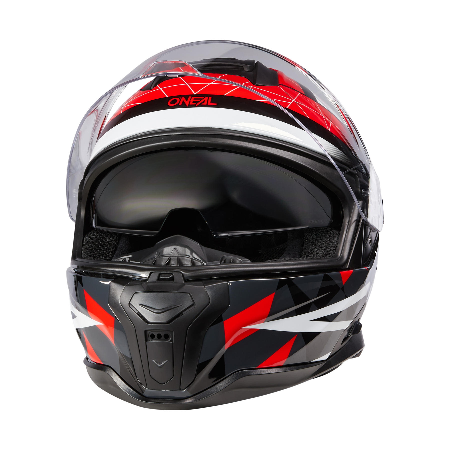 Der O'NEAL CHALLENGER Helm EXO ist ein Vollvisierhelm mit geometrischem Design in Rot, Schwarz und Weiß, klarem Visier, integrierter Sonnenblende und dem "O'NEAL"-Logo auf der Stirnpartie.