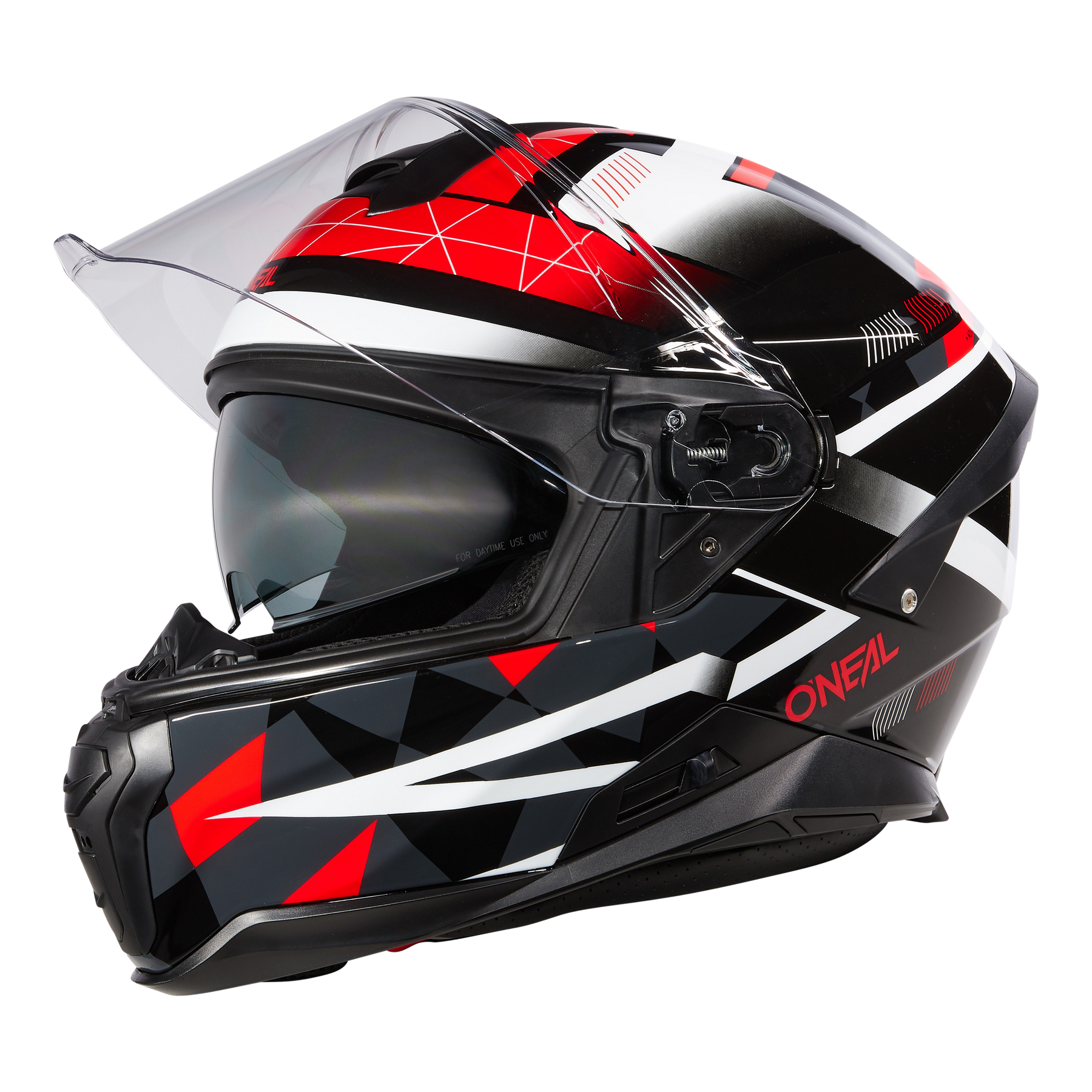 Der O'NEAL CHALLENGER Helm EXO ist ein schwarzer Integralhelm für Ihr Fahrrad mit auffälligen roten, weißen und grauen geometrischen Mustern, einem klaren Visier und dem O'NEAL-Logo an der Seite.