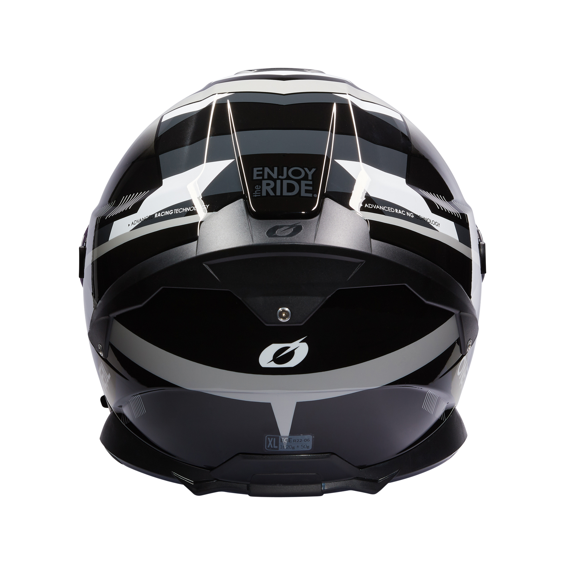 Rückansicht des schwarz-weißen O'NEAL CHALLENGER Helm EXO mit auffälligen geometrischen Mustern, dem Schriftzug "ENJOY the RIDE." oben, einem kleinen runden O'NEAL-Logo und einer praktischen Belüftungsöffnung.